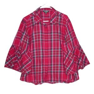 Lauren Ralph Lauren Shirt Blouse Women XXL Red Plaid Flare Bell Sleeve‎ Casual